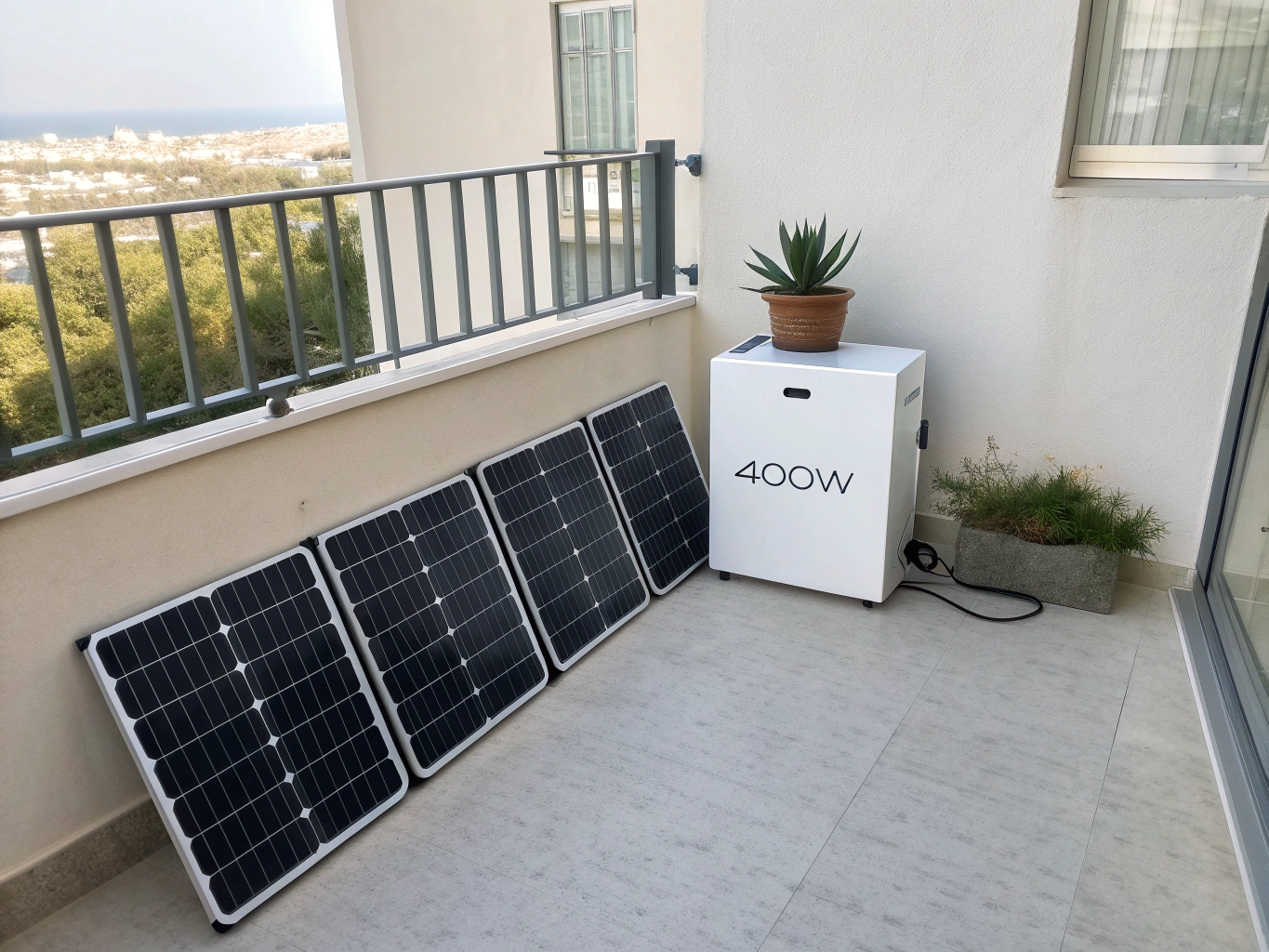 Hyper-realistic 3D render of a balcony solar kit with glowing power lines